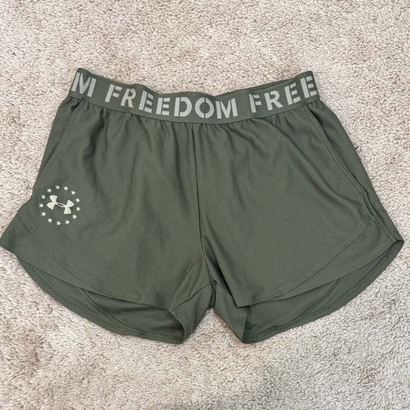 Under Armour Women's Athletic Shorts in Olive Drab FREEDOM addition - Picture 1 of 7